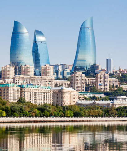 Flame Towers in Baku Baku Flame Towers is the tallest skyscraper in Baku, Azerbaijan with a height of 190 m. The buildings consist of apartments, a hotel and office blocks.