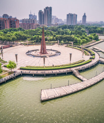 Empty square and lake in the city park Empty square and lake in the city park