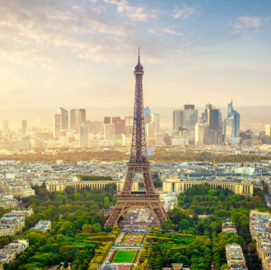 Morning haze over Paris and Eiffel Tower, view from above